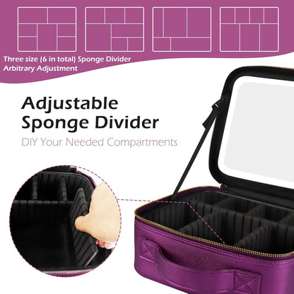 MOMIRA Travel Makeup Bag Cosmetic Bag Makeup Organizer Bag with Lighted Mirror, Adjustable Brightness in 3 Color Scenarios, Waterproof Makeup Train Case, Gift for Women - Brilliant Purple