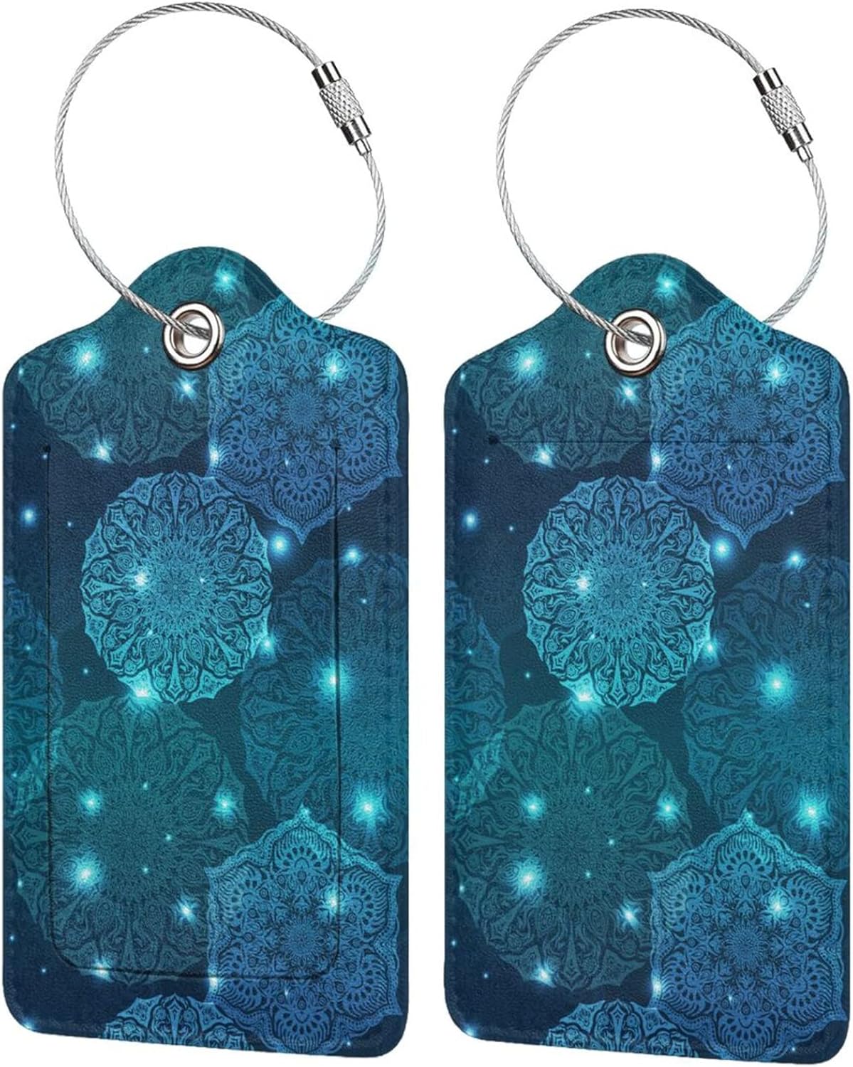 2Pcs Glowing Mandala Themed Luggage Tags for Suitcases, Beautiful Art Teal Blue Name ID Identifier Labels for Baggage Travel Bag, Shine Aesthetic Leather Bag Tags with Full Privacy Cover