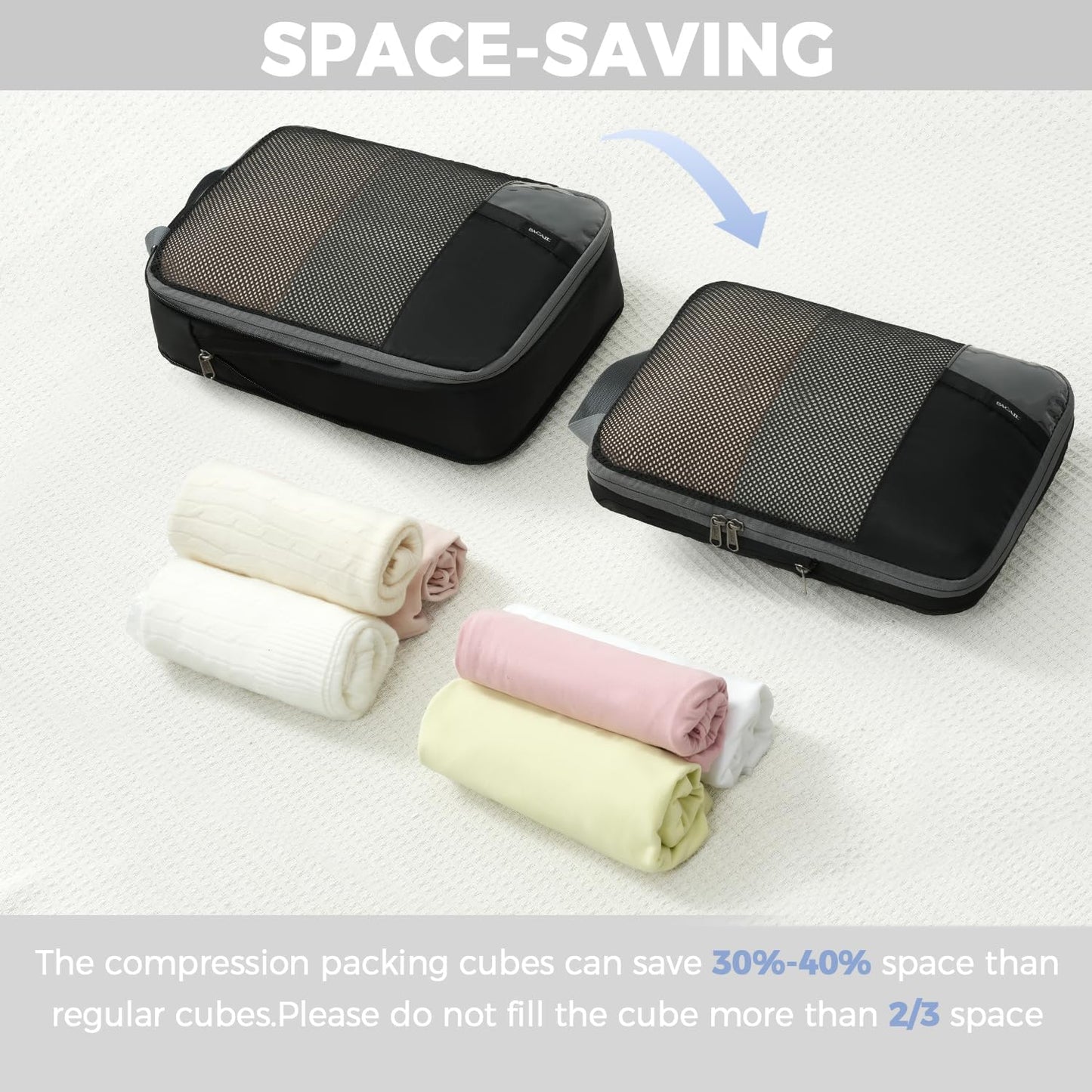 BAGAIL 4 Set/6 Set/8 Set Compression Packing Cubes Travel Accessories Expandable Packing Organizers (Half Mesh, 8-Jet Black)