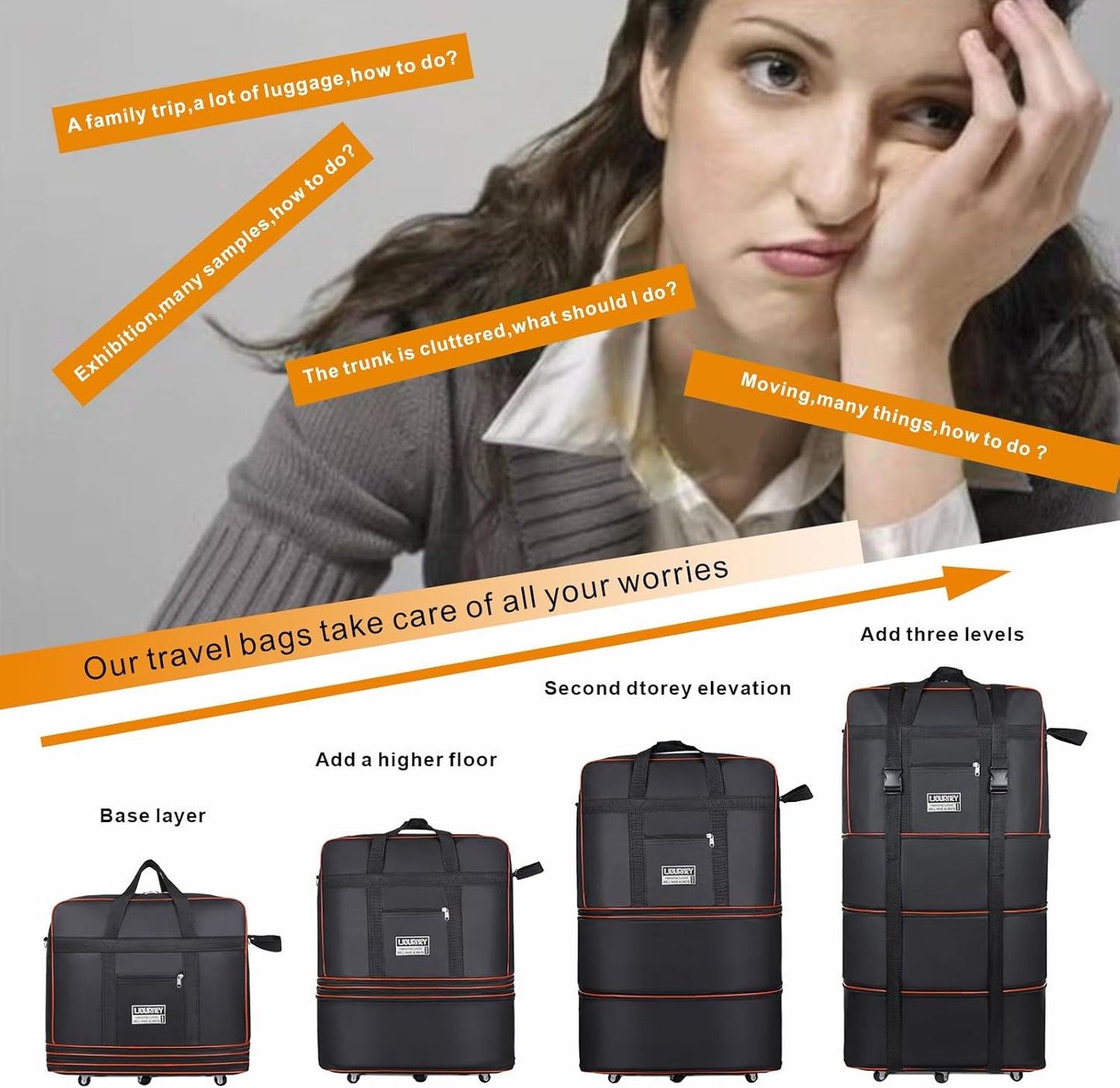 Expandable Large Capacity Travel Bag Oxford Cloth Duffel Bag with Wheels Lightweight Waterproof Travel Foldable Suitcase(Black)