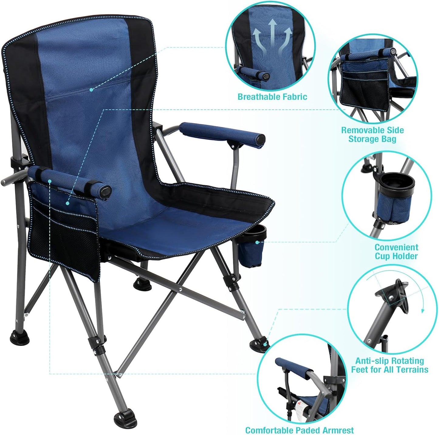 Camping Chair for Adults Heavy Duty Outdoor Patio Lawn Chairs Portable Support 350 LBS High Back Padded Oxford with Armrests, Storage Bag, Cup Holder, for Outside Fishing, Camping, Foldable
