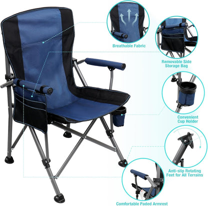 Camping Chair for Adults Heavy Duty Outdoor Patio Lawn Chairs Portable Support 350 LBS High Back Padded Oxford with Armrests, Storage Bag, Cup Holder, for Outside Fishing, Camping, Foldable