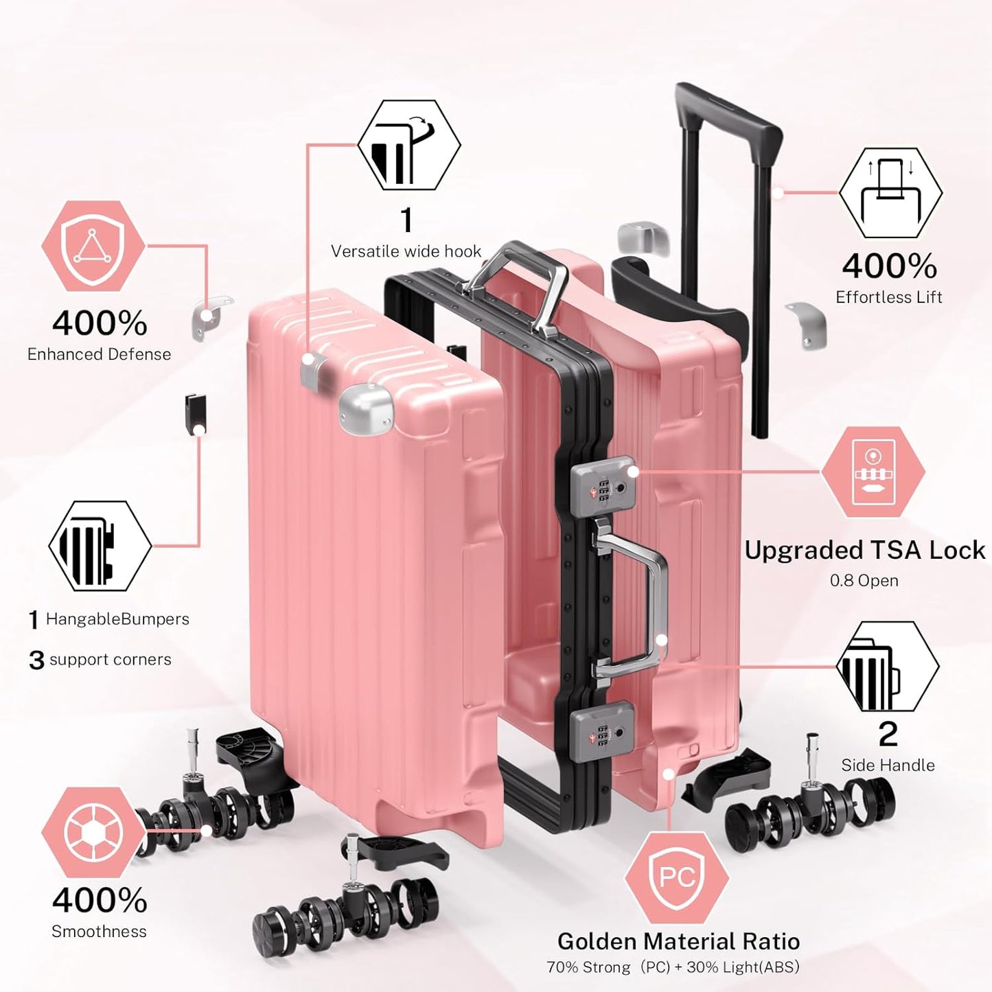 Krute Luggage 24 Inch Aluminum Frame Zipperless Suitcase with Spinner Wheels Checked Luggage PC+ABS Lightweight Hardshell