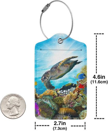 2 Pack Sea Turtle Luggage Tag for Suitcases, Cool Leather Suitcase Labels with Full Privacy Cover Id Name Card and Stainless Steel Loop, Funny Travel Identifiers Tags Luggage for Women Men Baggage