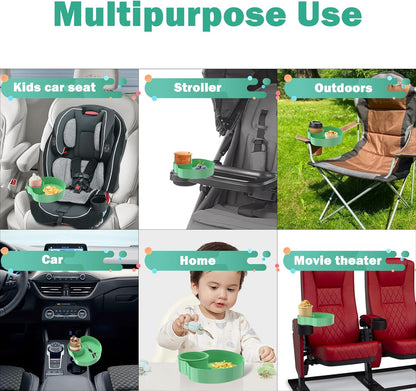 [2 Packs] Kids Car Seat Tray, Travel Tray with Cup Holder for Toddler Baby, Kids Car Seat Food Snack Organizer for Road Trip, Stroller snack Organizer Travel Must Haves (Light Green)