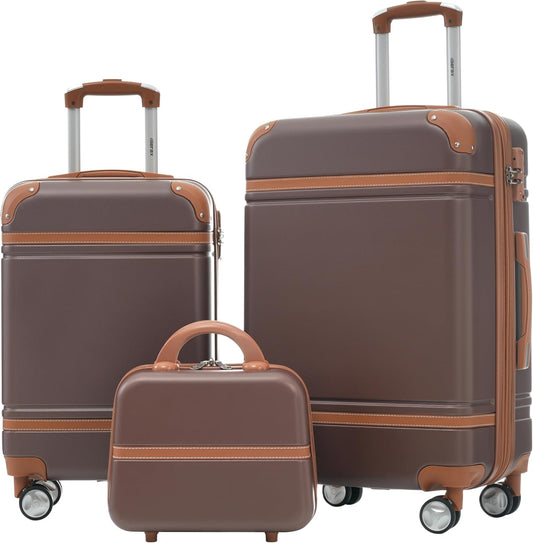 Merax Luggage Set 2 Piece Suitcase Set with Cosmetic Case Expandable Spinner Wheels Vintage Luggage Sets (Brown,20"+24")