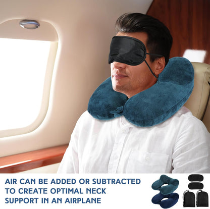 Sintuff 2 Pack Inflatable Travel Pillow for Airplanes Inflatable Neck Flight Pillows with Compact Bag and Blindfold for Traveling, Airplane, Train, Car, Office(Peacock Green and Blue)
