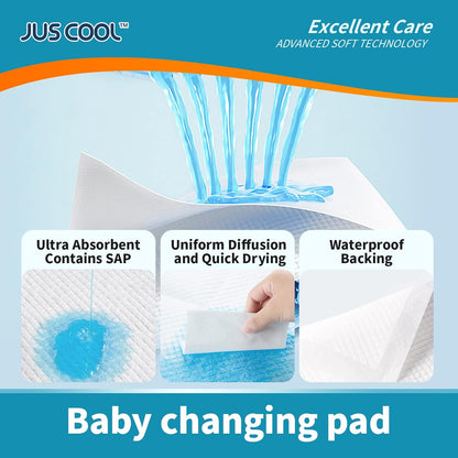 JUS COOL Baby Disposable Changing Pads, 18”x 24”(100 Count) Underpads Portable Diaper Changing Pads, Soft Bed Pads Ultra Absorbent and Waterproof