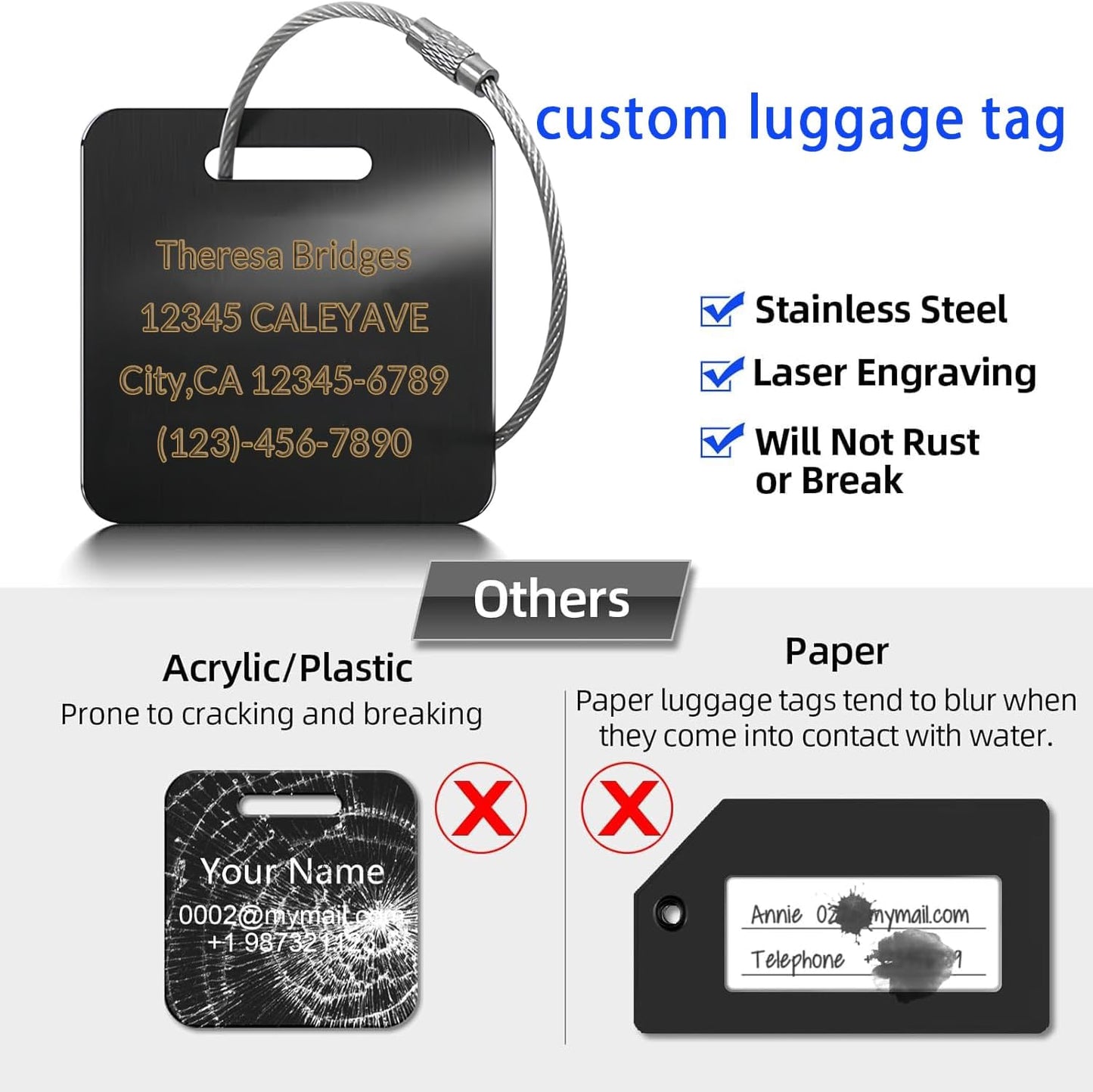 (5Pack Made in USA) Custom Personalized Luggage Tags-Customized Unique tag for Suitcase Backpack Travel,Bags (Black (3.8×2))