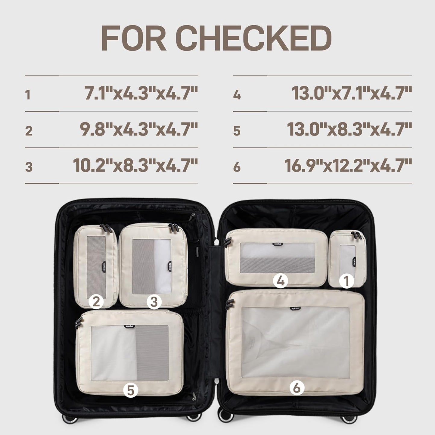 EPICKA TripCozy Compression Packing Cubes - 6 Set Durable Travel Organizer Bags with Mesh Top, Expandable Travel Accessories for Carry on, Luggage, Suitcase, Backpack (Beige)