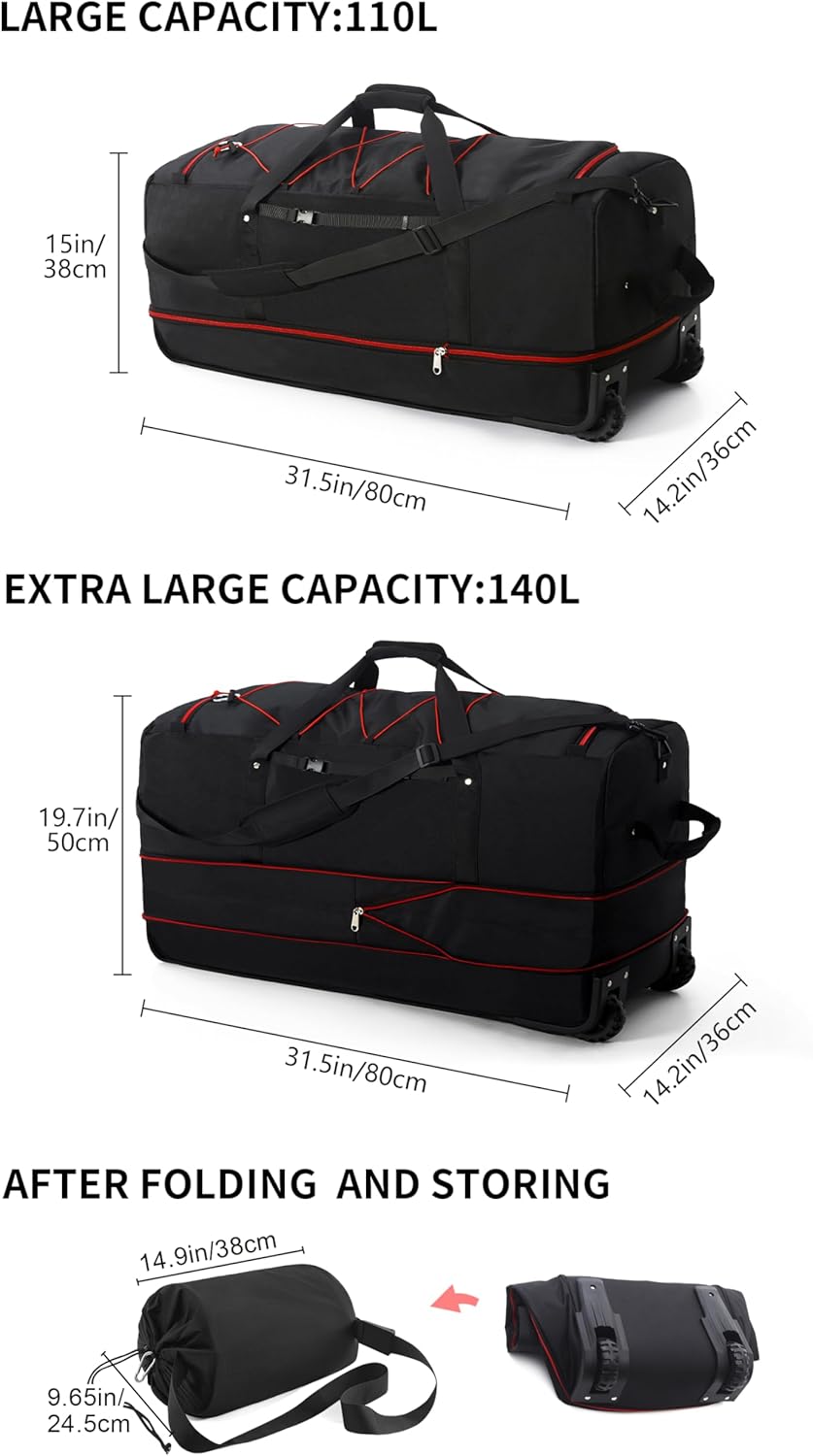 CONTAIL 32”110L Expandable 140L Rolling Duffle Bag with 2 Inline Wheels,Convertible Weekend Travel Bag with Bungee-Cord System,Black-red