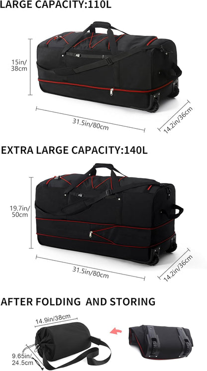 CONTAIL 32”110L Expandable 140L Rolling Duffle Bag with 2 Inline Wheels,Convertible Weekend Travel Bag with Bungee-Cord System,Black-red
