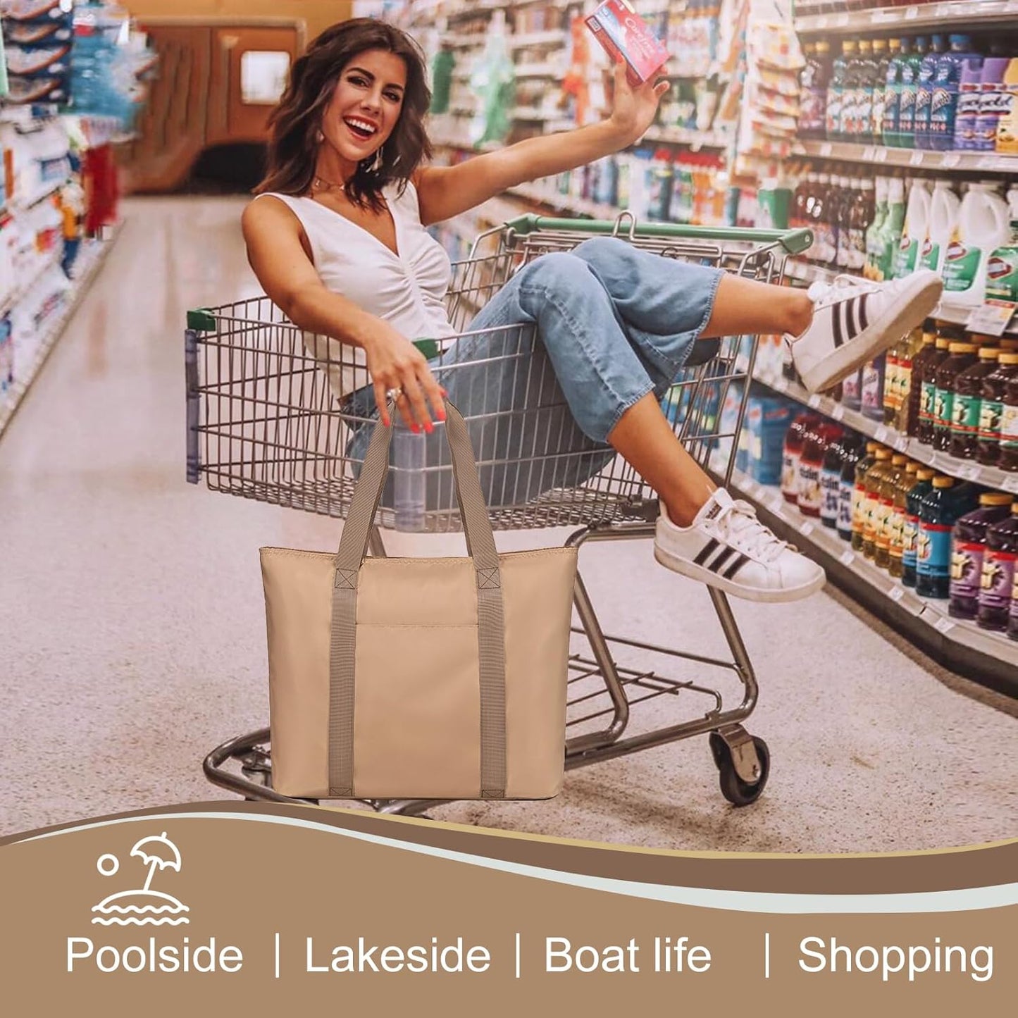 LEDAOU Beach Bags for Women, Beach Bags Waterproof Sandproof, Packable Beach Tote Bag with Zipper Travel Sports