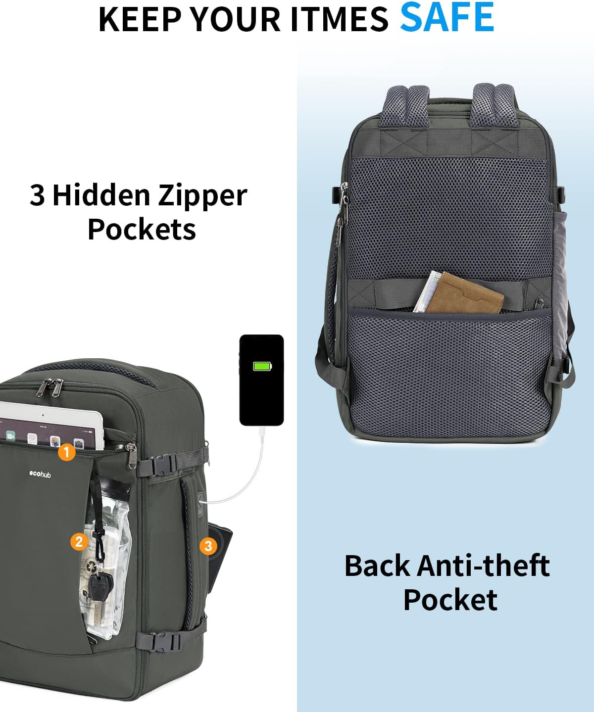ECOHUB Travel Backpack for Men Women, Carry on Backpack with USB Charging Hole, Spirit Airlines Personal Item Bag Flight Approved, 15.6 Inch Laptop Backpack with Anti Theft Pockets, 30L, Grey Green