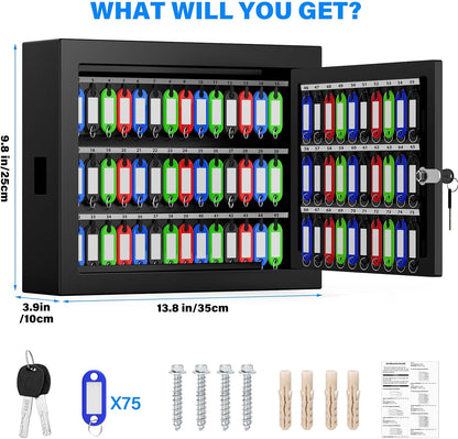 75 Keys Key Lock Box, Anti-Theft Key Cabinet with Key Tags, Key Organizer Wall Mount for Car Garage House Rental Office Business