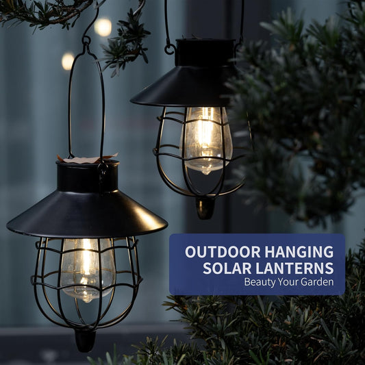 2 Pack Solar Lanterns Outdoor Waterproof Hanging Solar Lights with Vintage Metal Warm White Light Edison Bulb Design, Decorate for Garden Yard Porch and Christmas(Black)