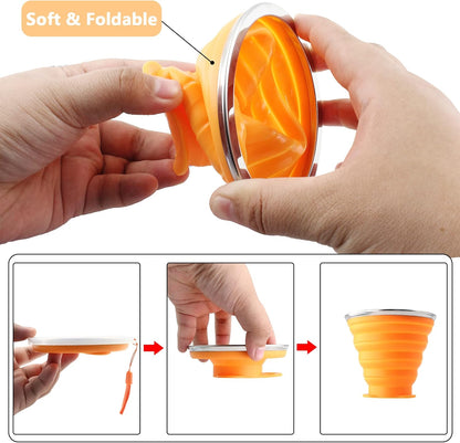 Litoexpe 2 Pack Silicone Collapsible Travel Cup Portable Folding Camping Cup Sets with Lids, Pink & Orange