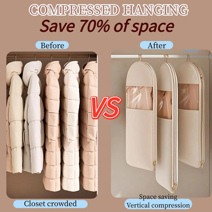 Space Saving Hanging Garment Bag With Self Compression Zipper,Garment Bags for Travel,Dust Cover for Coats Down Jackets, Closet Clothes Organizer with Clear Window (Beige, L*2Pcs)