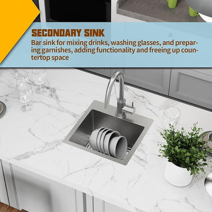 Small Kitchen Sink, 15x15 Inch Bar Sink Stainless Steel Drop In Small Kitchen - Image 6
