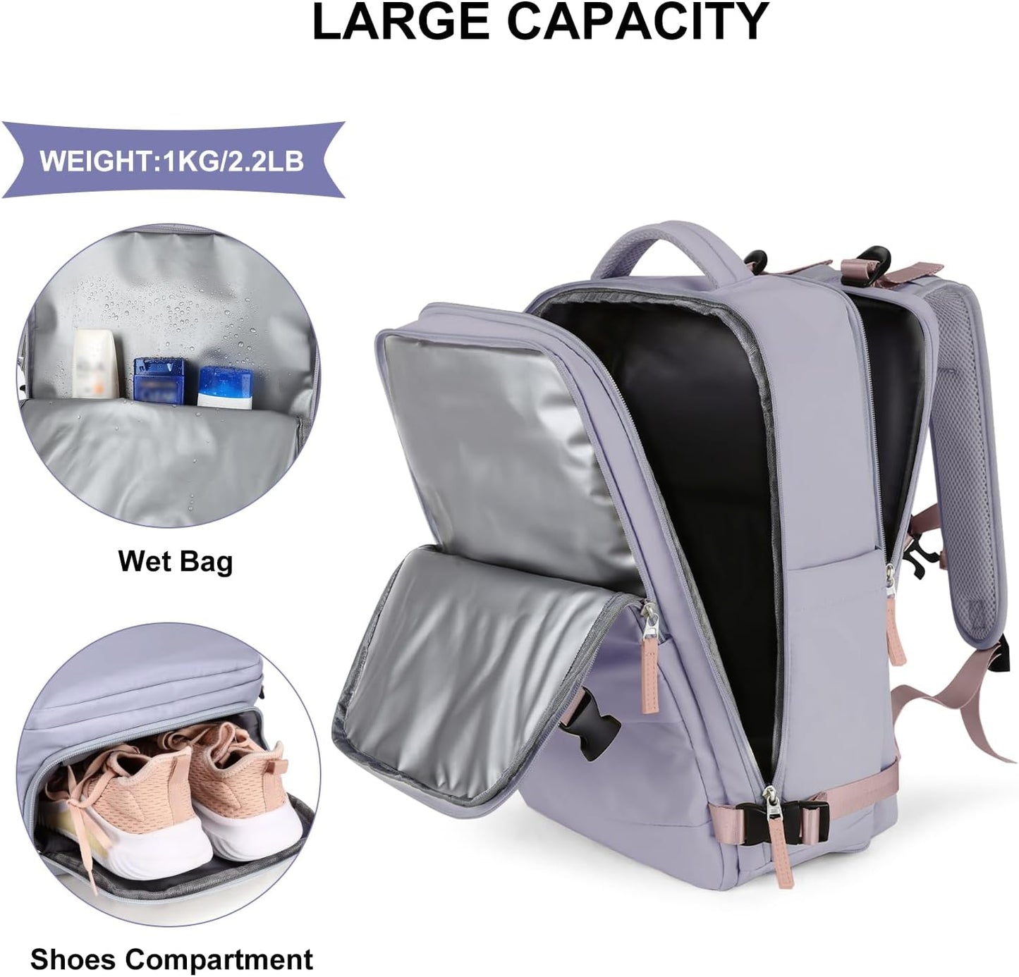 coowoz Large Travel Backpack For Women Men,Carry On Backpack Flight Approved,Hiking Backpack Waterproof Outdoor Sports Rucksack Casual Daypack Fit 15.6 Inch Laptop Shoes Compartment (Light Purple)