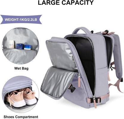 coowoz Large Travel Backpack For Women Men,Carry On Backpack Flight Approved,Hiking Backpack Waterproof Outdoor Sports Rucksack Casual Daypack Fit 15.6 Inch Laptop Shoes Compartment (Light Purple)