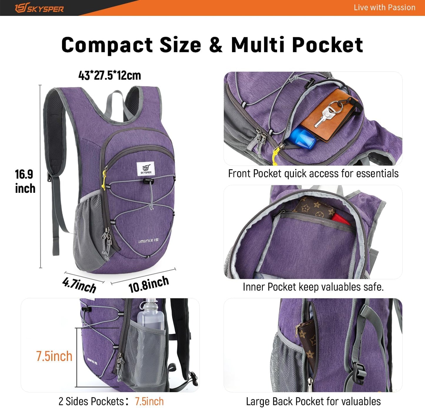 SKYSPER 15L/20L Foldable Hiking Backpack Lightweight Packable Travel Daypack with Chest Strap Small Folding Pack for Walking