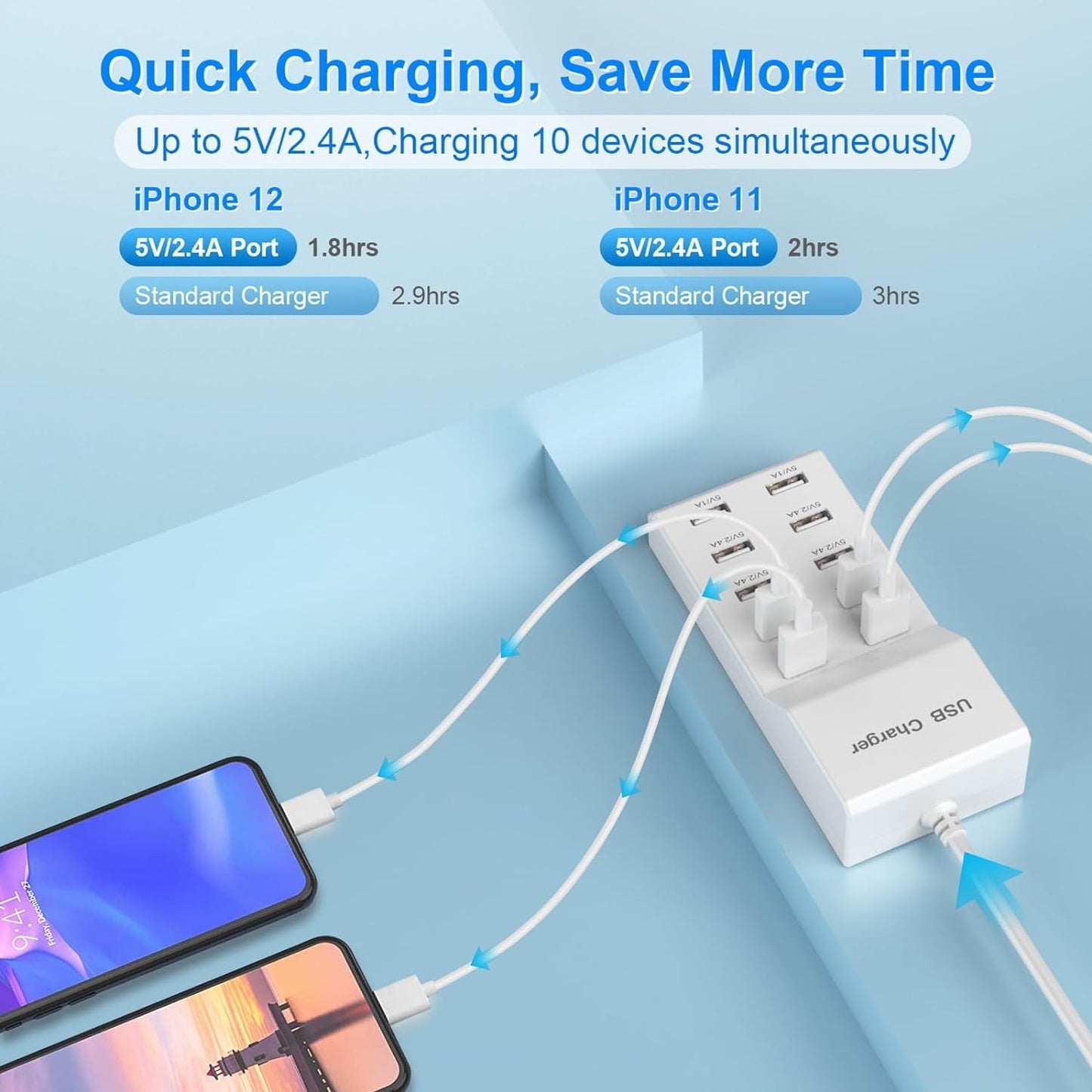 QIONMAR USB Wall Charger USB Charging Station for Multiple Devices USB Charger 10-Ports Power Hub Strip Smart Plug Charging Dock Charge Block Compatible with iPhone 15,iPod,Galaxy S Smart Phones