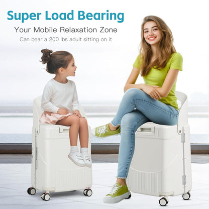 22" Ride On Luggage with Seat for Kids & Adults, Lightweight Hardside Ride-On Suitcase with Front Opening, TSA Lock, 360° Spinner Wheels (Matte White, 22-inch)