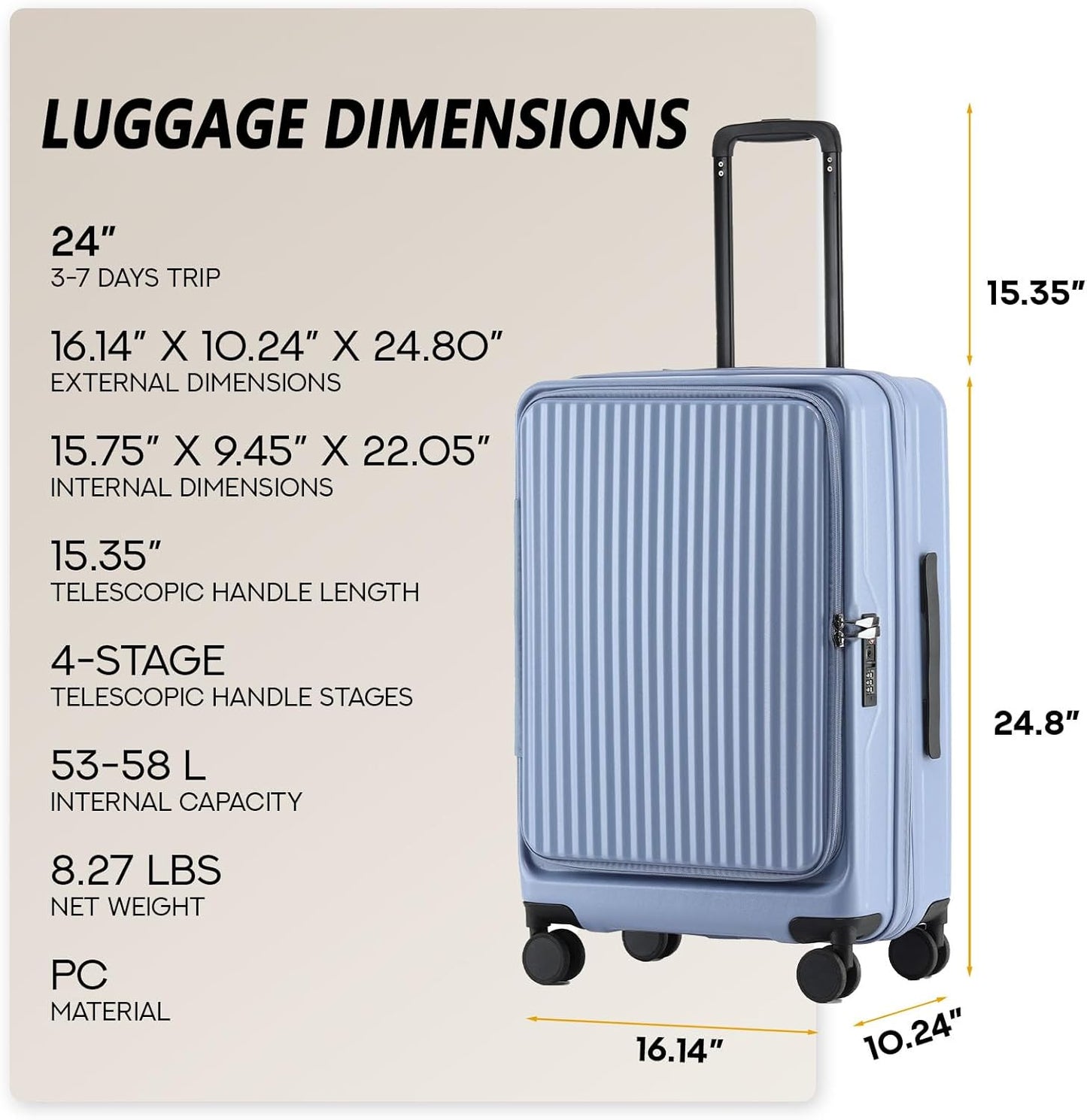 24 Inch Top Opening Checked Travel Luggage Expandable with Spinner Wheels,All PC Hard Shell Hardside Lightweight Medium Suitcase with TSA Approved Cup Holder for Business Trips Woman Men,Blue