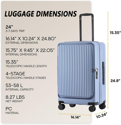 24 Inch Top Opening Checked Travel Luggage Expandable with Spinner Wheels,All PC Hard Shell Hardside Lightweight Medium Suitcase with TSA Approved Cup Holder for Business Trips Woman Men,Blue