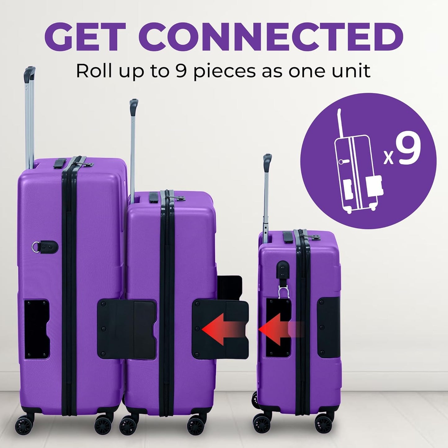Tach V3.1 Hard Shell 3 Piece Luggage Set - 20, 24 & 28 inch Luggage | Carry On, Medium & Large Checked Suitcases | Patented Built-In Connecting System | Rolling Suitcase Links 9 Bags (Purple)