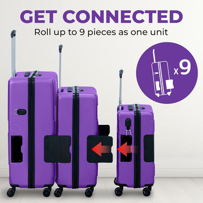 Tach V3.1 Hard Shell 3 Piece Luggage Set - 20, 24 & 28 inch Luggage | Carry On, Medium & Large Checked Suitcases | Patented Built-In Connecting System | Rolling Suitcase Links 9 Bags (Purple)