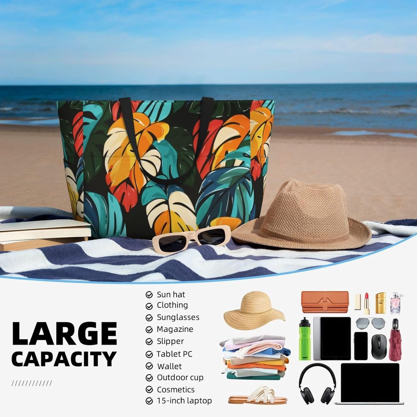 Beach Bag for Women Beach Tote Bag Waterproof Sandproof Large Bags with Zipper Big Capacity for Vacation Travel
