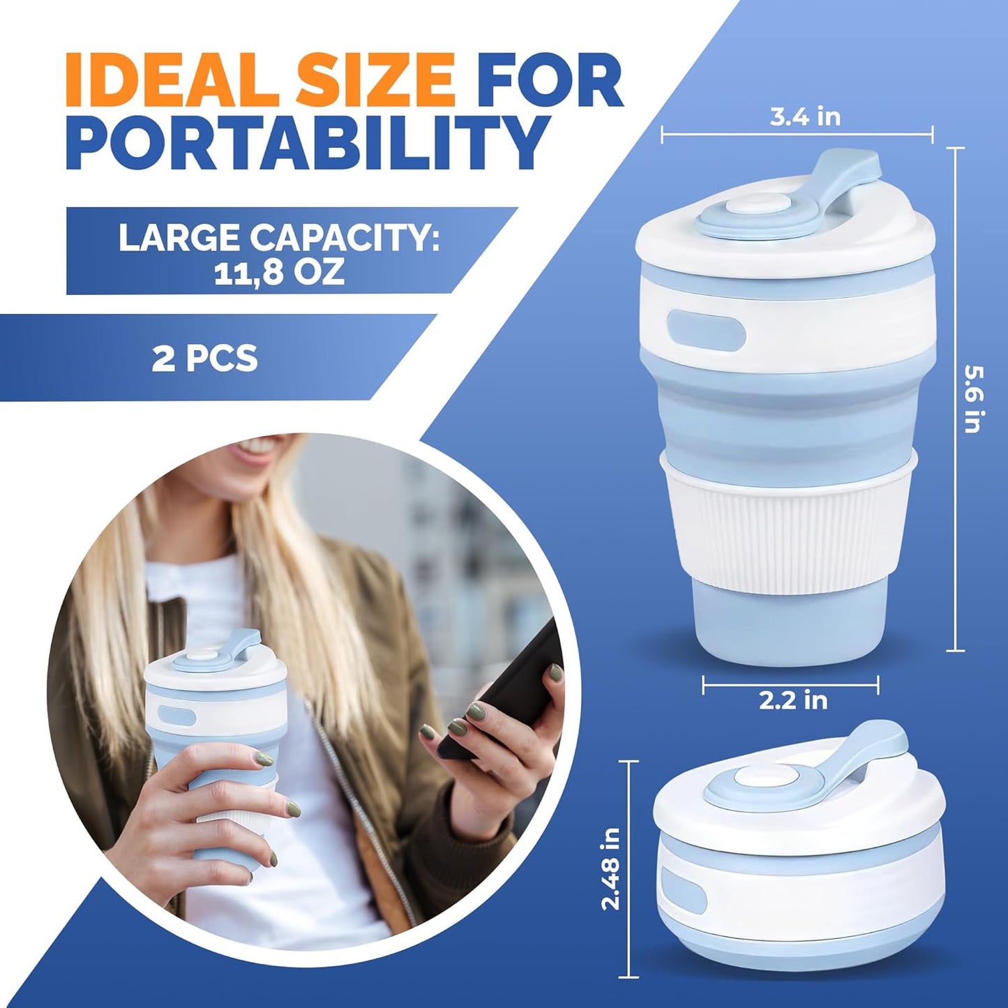 2-Pack Collapsible Coffee Cup Reusable – 12oz Leakproof Travel Coffee Mug, Silicone, Foldable & Portable for Hiking, Camping, Office | Lightweight, Heat-Resistant, Easy to Clean, Outdoor & Travel Cup