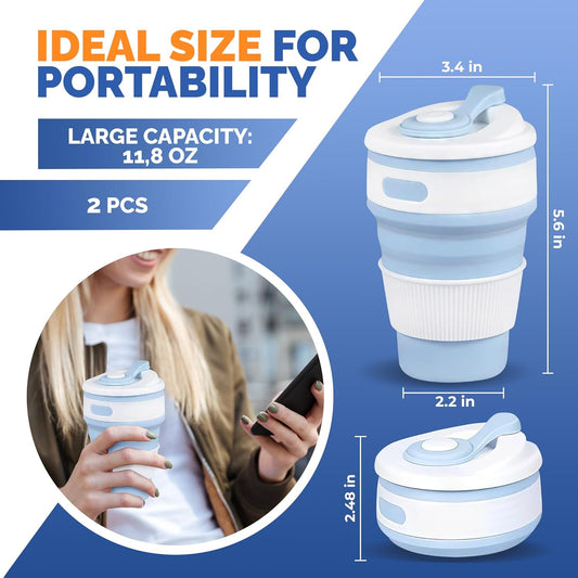 2-Pack Collapsible Coffee Cup Reusable – 12oz Leakproof Travel Coffee Mug, Silicone, Foldable & Portable for Hiking, Camping, Office | Lightweight, Heat-Resistant, Easy to Clean, Outdoor & Travel Cup