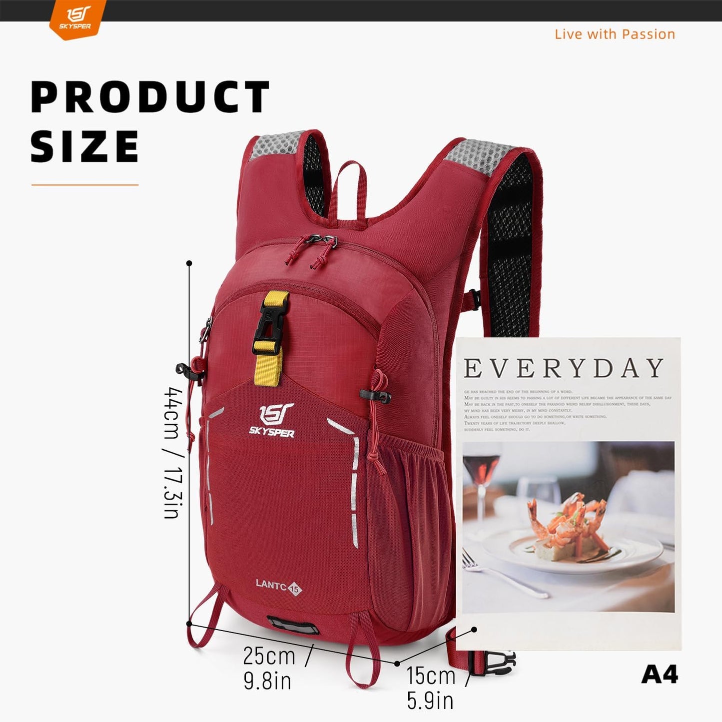 SKYSPER Small Hiking Backpack - 15L Travel Daypack Lightweight Bag Water Resistant Hiking Backpacks for Women Men(Red)