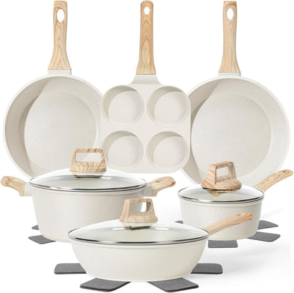 13 Pcs Pots and Pans Set, Nonstick Cookware Sets White Granite Induction Cookware, Non-toxic Healthy Non stick Kitchen Cooking Set with Frying Pans Set, Saucepans (PFAS/PFOA/PFOS Free)