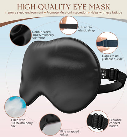 HiRui Silk Sleep Mask, 100% Natural Mulberry Silk of Double-Sided & Inner-Filling, Ultra-Smooth Soft, Adjustable Strap, Blocks Light for Night Sleeping, Travel, Office Naps (Black)