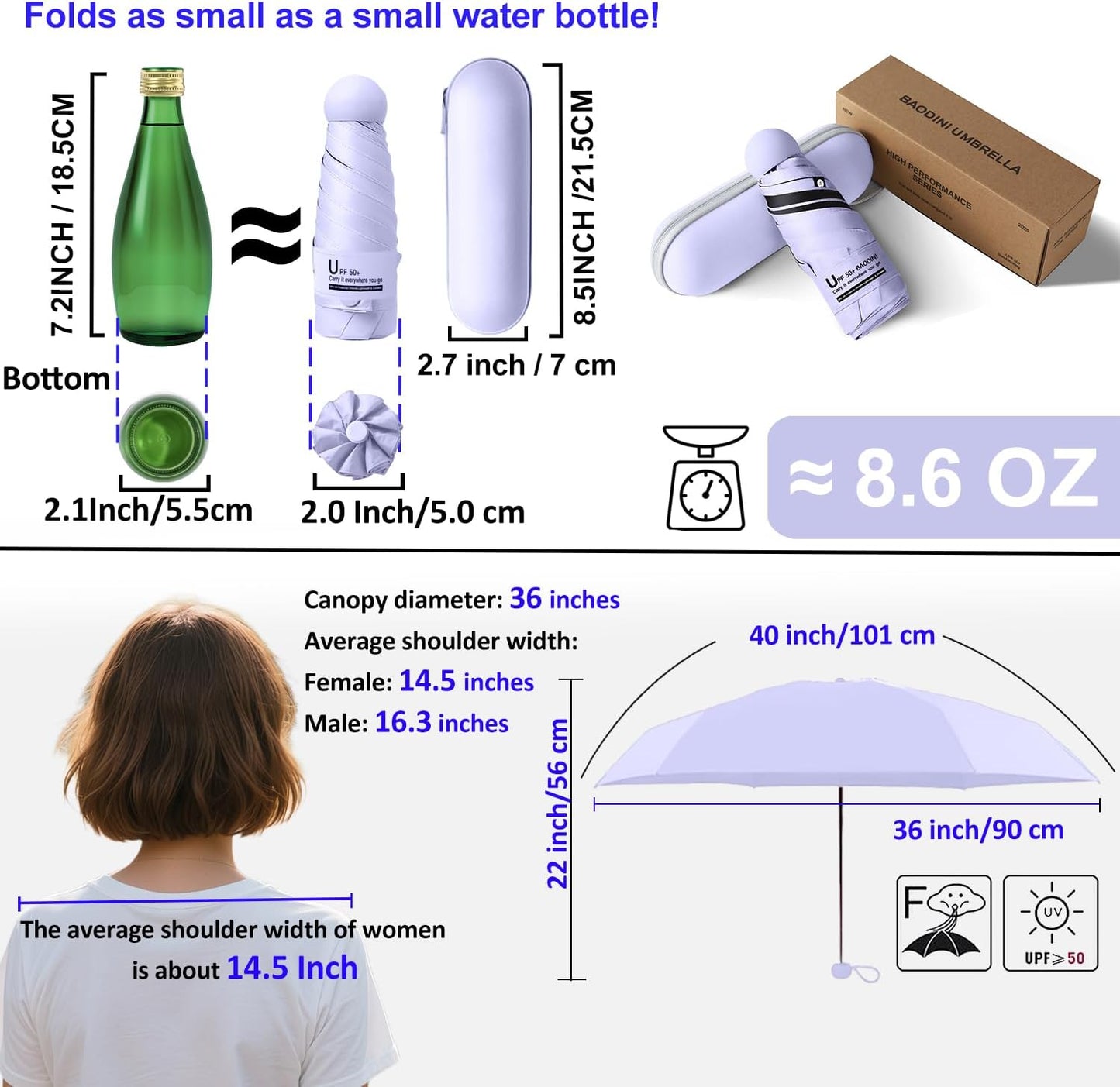 BAODINI Travel Mini Umbrella for Purse With Case Small Compact UV Sun Protection Sun Lightweight Tiny Pocket Umbrella for Women Girls and Men