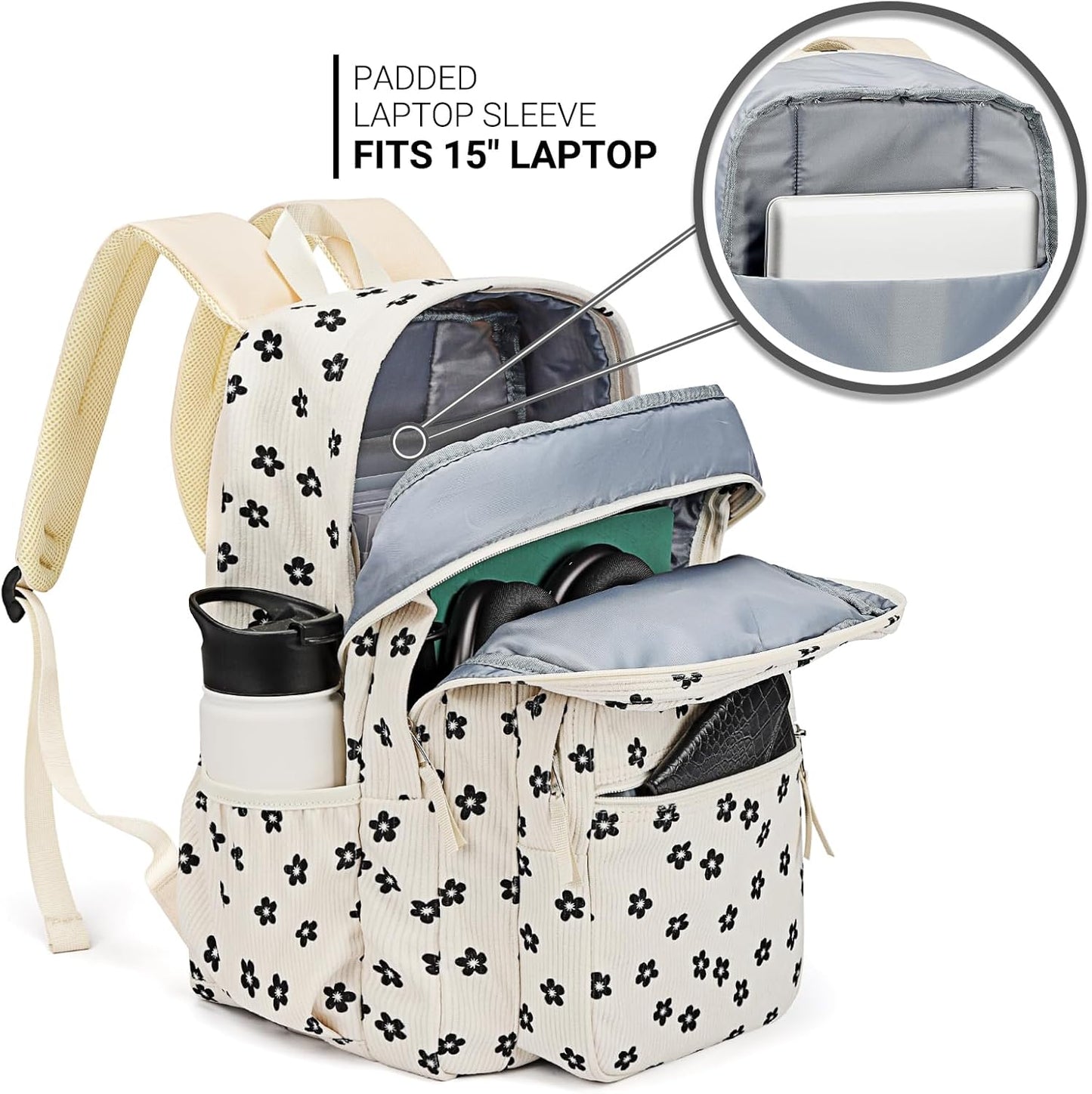 ZORFIN 26L Backpack for College, and Travel: Corduroy Bookbag - Floral