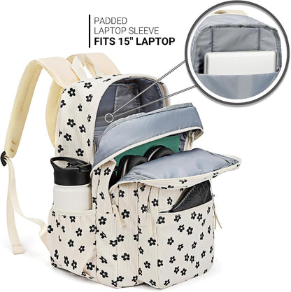 ZORFIN 26L Backpack for College, and Travel: Corduroy Bookbag - Floral
