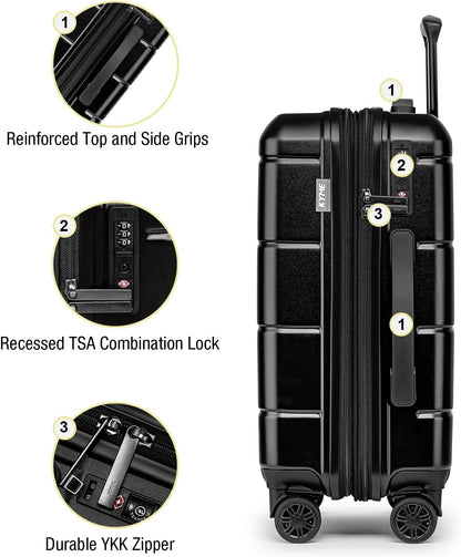 KYME Carry On Luggage 22x14x9 Airline Approved Expandable with Cup Holder 20 Inch Hardshell Carry-On Suitcase with Spinner Wheels TSA Lock Small Lightweight Travel Rolling Luggage Black
