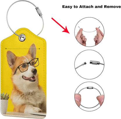 2 Pcs Yellow Luggage Tags for Suitcases Cute Dog with Glasses Pattern Leather Backpack Tag with Stainless Steel Loop Privacy Cover ID Label Travel Bag Tags Luggage Identifiers for Adults Kids Travel