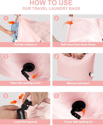 Travel Laundry Bag, Pump Free Vacuum Storage Bag Reusable Compression Dirty Clothes Travel Bag Waterproof Wet Dry Bags Large Capacity Space Saver Bags Camp Clothes Organizer (1 Pcs)(Pink, L)