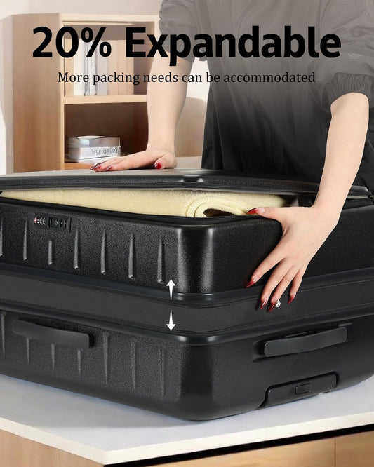 Expandable Checked Luggage, 28 Inch Luggage with Spinner Wheels, Lightweight ABS+PC Hard Shell Large Suitcase with Top Opening, TSA Lock (Black, 1PC)