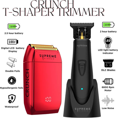 Supreme Trimmer 2-in-1 DLC T-Shaper Trimmer & Crunch Foil Shaver | STF602 Electric Razor & ST5206 Beard Trimmer Barber Haircut Kit | Red