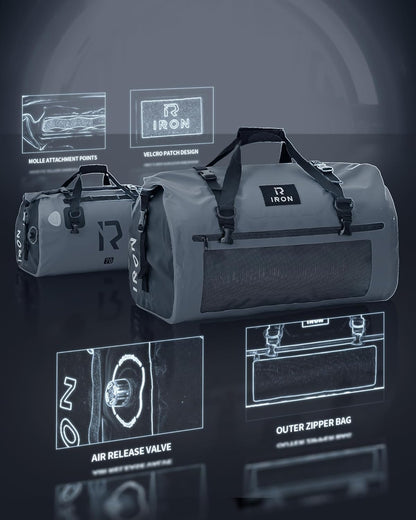 IRON JIA'S Motorcycle Dry Bag - Waterproof Duffle & Luggage Tail Bag Saddle Bags with Roll Top Closure, Shoulder Straps, Inner Pocket and Mesh Pocket (Grey, 70L)