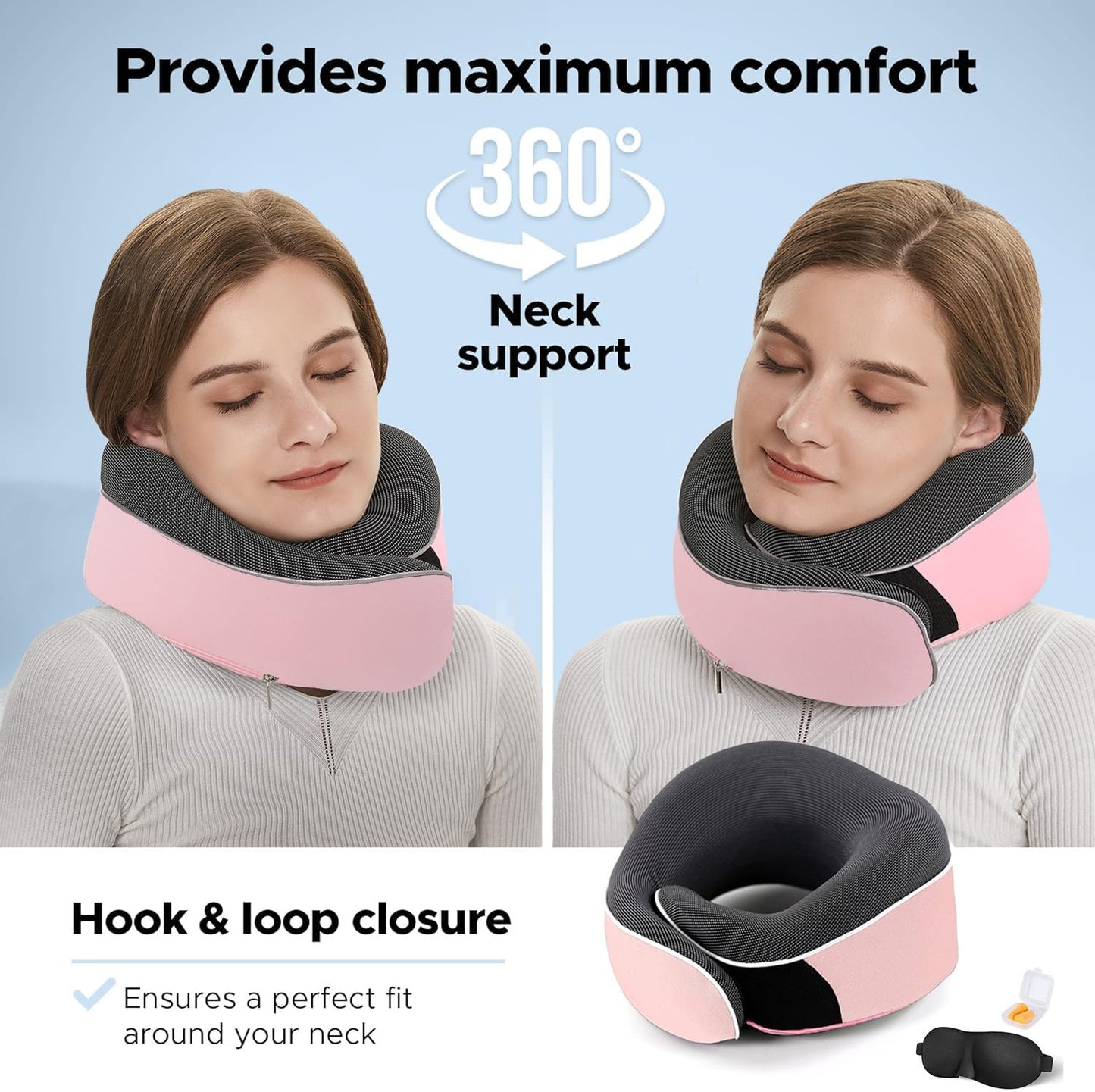 Travel Neck Pillow, Best Memory Foam Airplane Pillow for Head Support Soft Adjustable Pillow for Plane, Car & Home Recliner Use (Pink1)