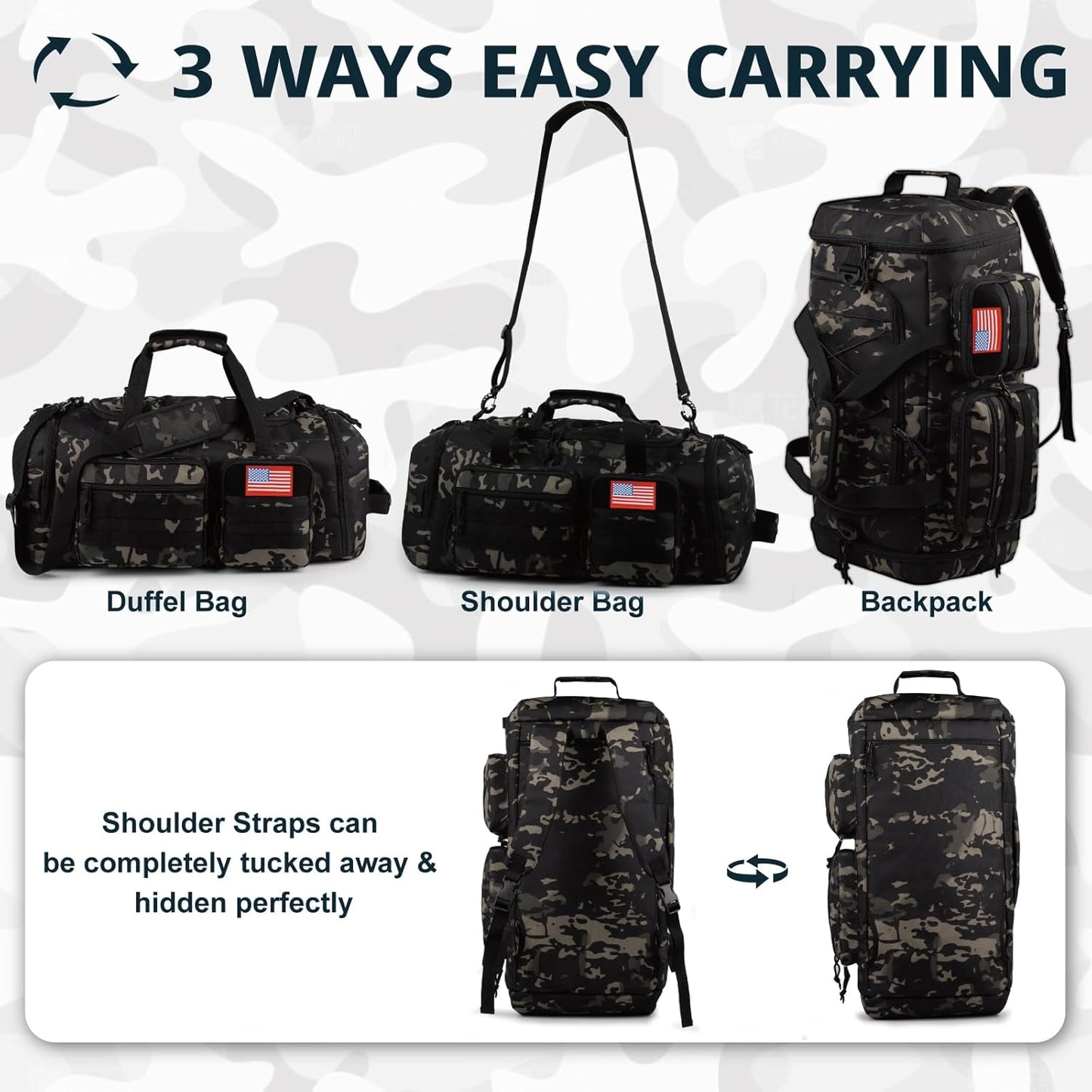 Tactical Gym Bag for Men，50L Large 3 in 1 Sports Duffle Bag with Shoes Compartment for Travel,Water Resistant Travel Backpack Weekender Overnight Bag with Wet Pocket for Women