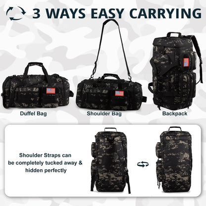 Tactical Gym Bag for Men，50L Large 3 in 1 Sports Duffle Bag with Shoes Compartment for Travel,Water Resistant Travel Backpack Weekender Overnight Bag with Wet Pocket for Women